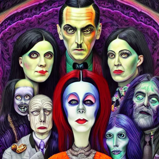 Image similar to An extremely psychedelic portrait of the Addams Family, surreal, LSD, face, detailed, intricate, elegant, lithe, highly detailed, digital painting, artstation, concept art, smooth, sharp focus, illustration