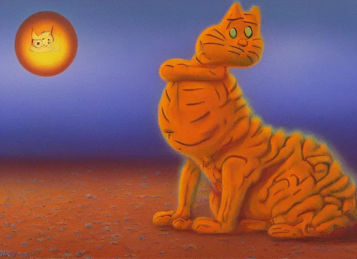 Image similar to surrealist impressionist painting of garfield at dusk, in the style of michael whelan and james gurney and wayne barlowe