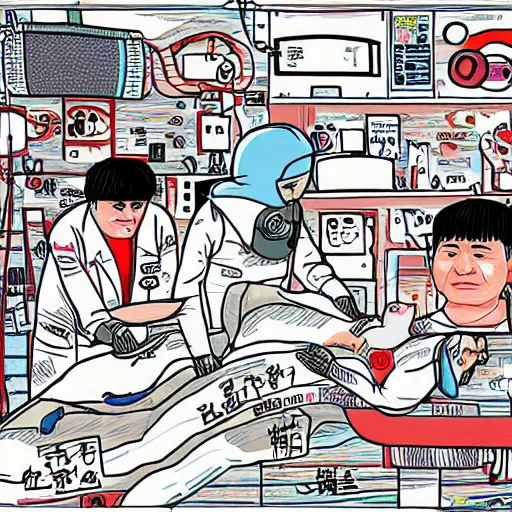 Image similar to surgery operating table, in the style of daniel johnston and outsider art, 8 k, line brush, overlaid with chinese adverts