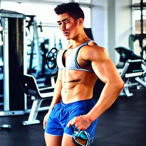 Image similar to “a realistic photo of a guy who is an attractive jock working out at the gym who is part cyborg and part humanoid, who is a robot”