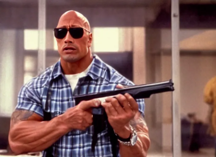 Prompt: film still of dwayne johnson as nada wearing a flannel shirt and sunglasses and holding a shotgun with a bandolier in bank scene in they live 1 9 8 8