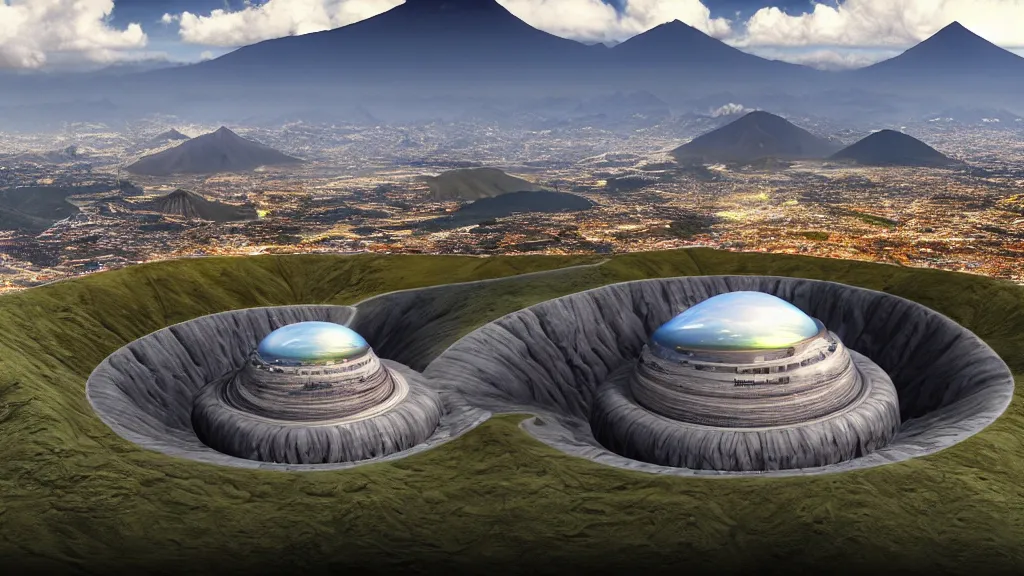 Image similar to Epic Giant Nuclear Reactor over the mountain valley of Quito, Ecuador; by Oswaldo Moncayo and Vincent Callebaut; Avatar Computer Graphics Cinema Style; 4K, 8K; ultimate landscape shot;