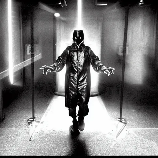 Image similar to eerie cybernetic cyberpunk cyber Jamiroquai, award winning photo, dancing