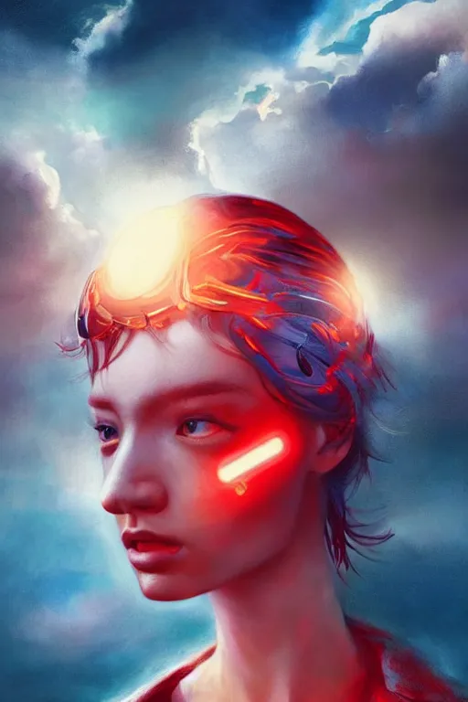 Prompt: 3 d, sci - fi, morning, sleepy fashion model face, sun, cinematic, lightning clouds, vogue cover style, poster art, light red and deep blue mood, realistic painting, intricate oil painting, high detail, figurative art, multiple exposure, poster art, 3 d, by tooth wu and wlop and beeple and greg rutkowski