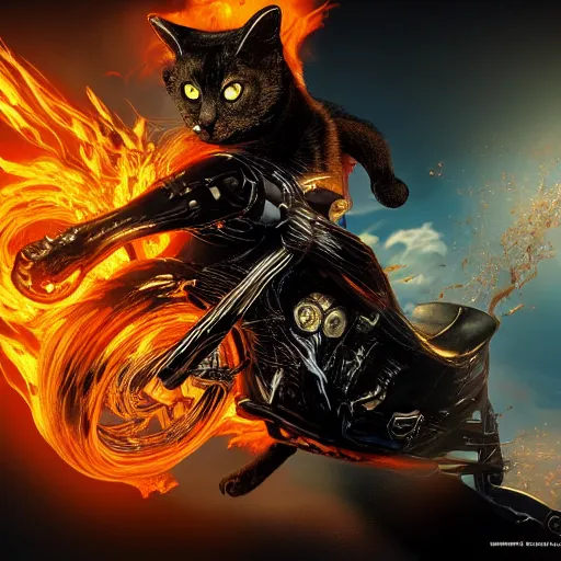 Prompt: ghost rider as a cat, animal drawing, by artgerm, hd, hdr, ue 5, ue 6, unreal engine 5, realistic anime 3 d style, cinematic 4 k wallpaper, 8 k, ultra detailed, gta 5 cover art, high resolution, artstation, award winning