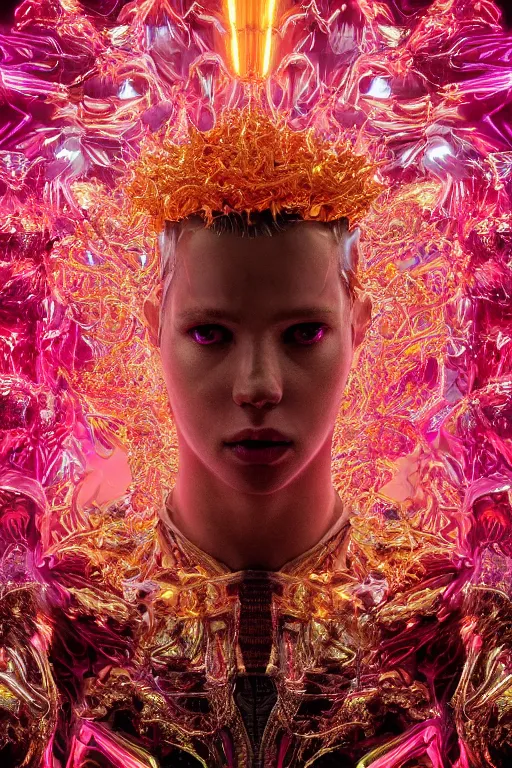 Prompt: hyper detailed ultra sharp portrait of baroque and bladerunner delicate neon ruby sculpture of seductive albino prince royce tigers orange iridescent humanoid deity wearing metallic hoody made out of leaves holding the sun prismatic dungeon, glowing rainbow face, crown of white diamonds, cinematic lighting, photorealistic, octane render 8 k depth of field 3 d