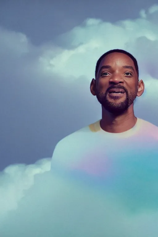 Prompt: high quality pastel coloured film close up wide angle photograph of will smith wearing clothing resting on cloud furniture in a icelandic black rock!! environment in a partially haze filled dreamstate world. three point light, rainbow. photographic production. art directed. pastel colours. volumetric clouds. pastel gradient overlay. waves glitch artefacts. extreme facial clarity. 8 k. filmic.