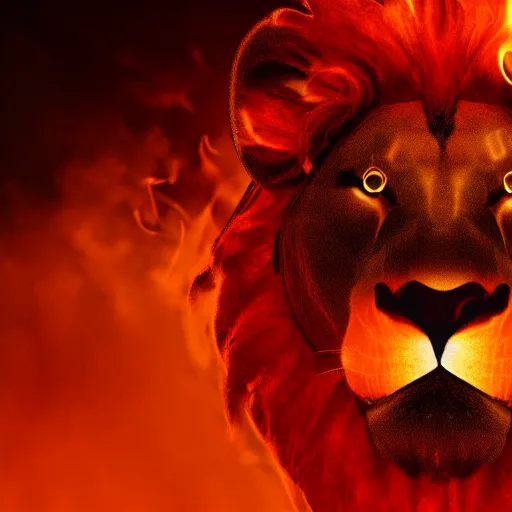 Prompt: anonymous lion face, closeup of face, volumetric lighting, face encircled by fire, crimson - black color scheme, intricate detail, award winning epic cinematic composition, photorealistic