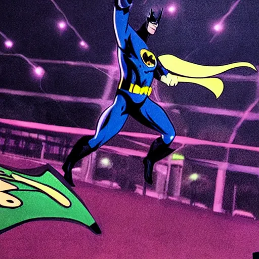 Image similar to batman playing soccer in a crowded space stadium with neon lighting hyperrealistic