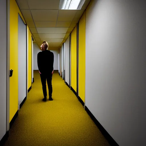 Image similar to photo of a scary shadowy monster in the backrooms, mono - yellow old moist carpet randomly connected infinite empty office space