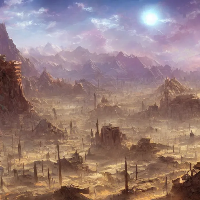 Image similar to large densely packed western style city in the middle of a sandy flat desert with a single mountain on the very distant horizon. magic the gathering art, digital media