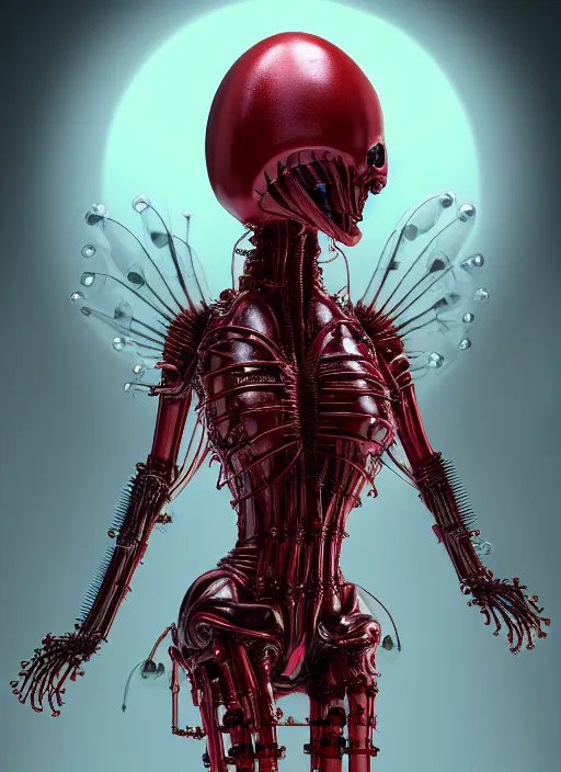 Image similar to gothic inflateble baroque puffy red dress, perfect symmetrical body, helmet on face, full body shot, alien, plant predator, guyver, giger, wires, tubes, veins, jellyfish, white biomechanical details, wearing epic bionic cyborg implants, masterpiece, intricate, biopunk, vogue, highly detailed, artstation, concept art