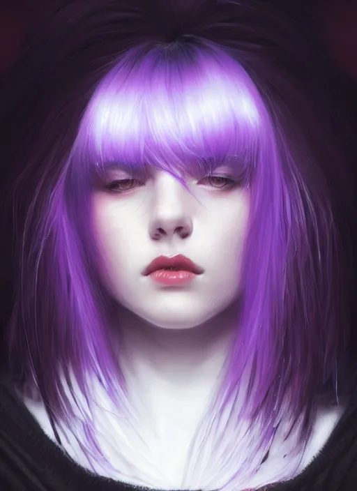 Image similar to portrait of teenage girl with white bangs, red irises, bangs, black and white hair, purple clothes, white bangs, two color hair, black hair and white bangs, intricate, elegant, glowing lights, highly detailed, digital painting, artstation, concept art, smooth, sharp focus, illustration, art by wlop, mars ravelo and greg rutkowski