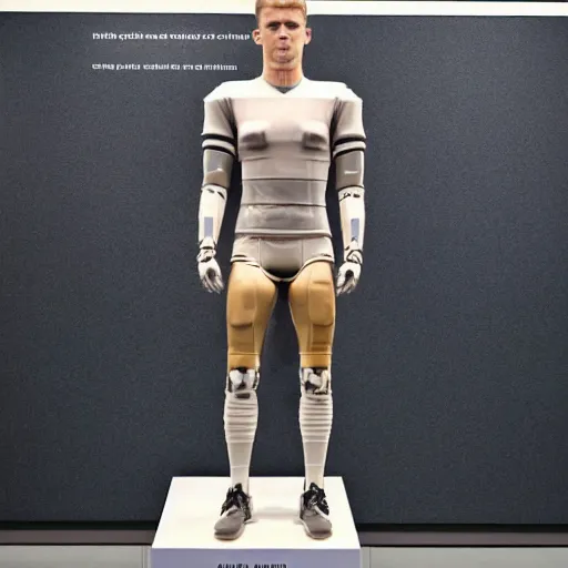 Image similar to a realistic detailed photo of a guy who is an attractive humanoid who is half robot and half humanoid, who is a male android, football player christian mccaffrey, shiny skin, posing like a statue, blank stare, at the museum, on display