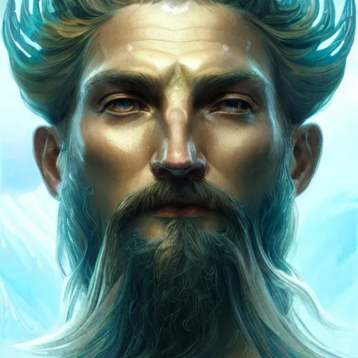 Image similar to portrait Poseidon god of sea, sci-fi, fantasy, intricate, very very beautiful, elegant, highly detailed, digital painting, artstation, concept art, smooth, sharp focus, illustration, art by artgerm and greg rutkowski and alphonse mucha