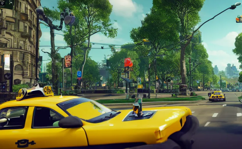 Prompt: ps 4 game about a frog driving a taxi, unreal 4 screenshot,