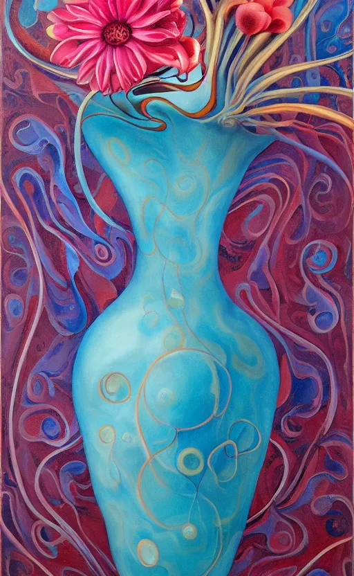 Image similar to a biomorphic painting of a vase with flowers and eyeballs in it, a surrealist painting by Bridget Bate Tichenor, by Georgia O'Keeffe, by Amanda Sage, pastel blues and pinks, featured on artstation, metaphysical painting, oil on canvas, fluid acrylic pour art, airbrush art, marbled