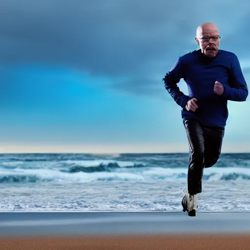 Image similar to Walter White running on the beach, artistic, 8k, cinematic, accurate, symetric, face, dramatic lighting, pastel colours