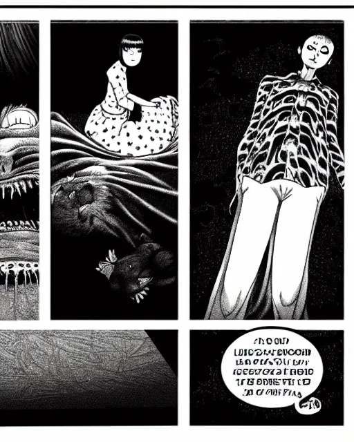 Prompt: three panels of junji ito's 'there's a large black shadowy cat under my bed!', full width, zoomed out, room shot, first person