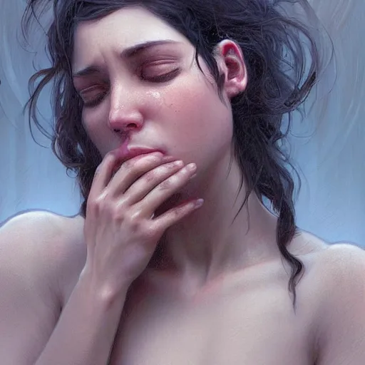 Prompt: a beautiful crying woman showing pain and remorse, highly detailed, digital painting, artstation, concept art, smooth, sharp, focus, illustration, art by artgerm and greg rutkowski and alphonse mucha