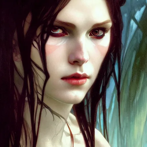 Prompt: Portrait of a pretty half-elf half-vampire young woman. Her hair has black strands and white strands. Red irises and vertical pupils. Art by Greg Rutkowski and Alphonse Mucha