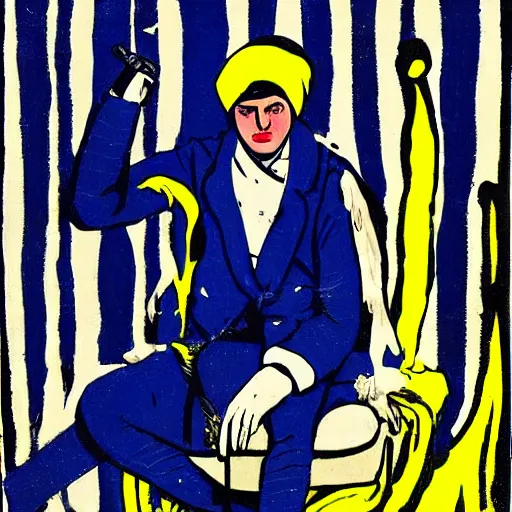 Image similar to Volodymyr Zelensky at war, dressed like Napoleon Bonaparte, his clothes are torn and dirty, he is sitting between dead corpses and weeping, holding a half burnt blue and yellow flag of Ukraine, in the style of Roy Lichtenstein