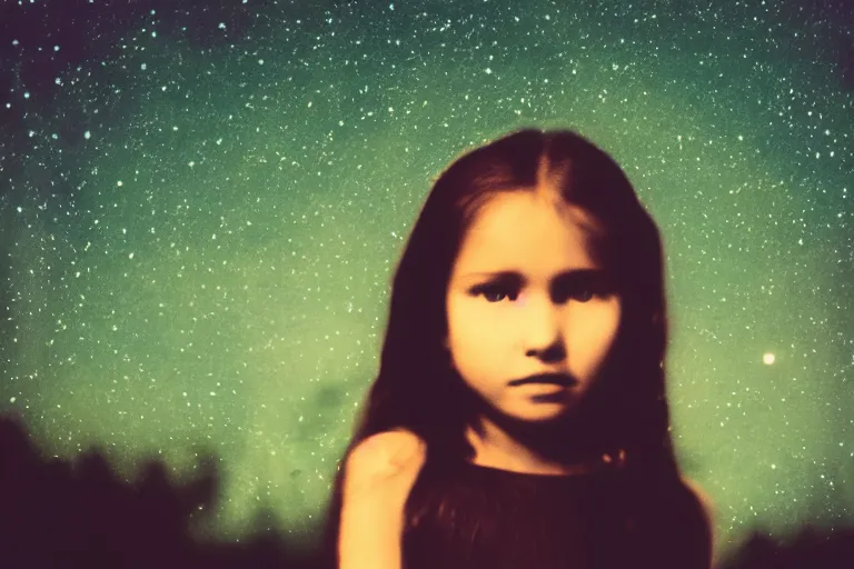 Image similar to blured girl on night vision, focused background night sky with stars, polaroid photo