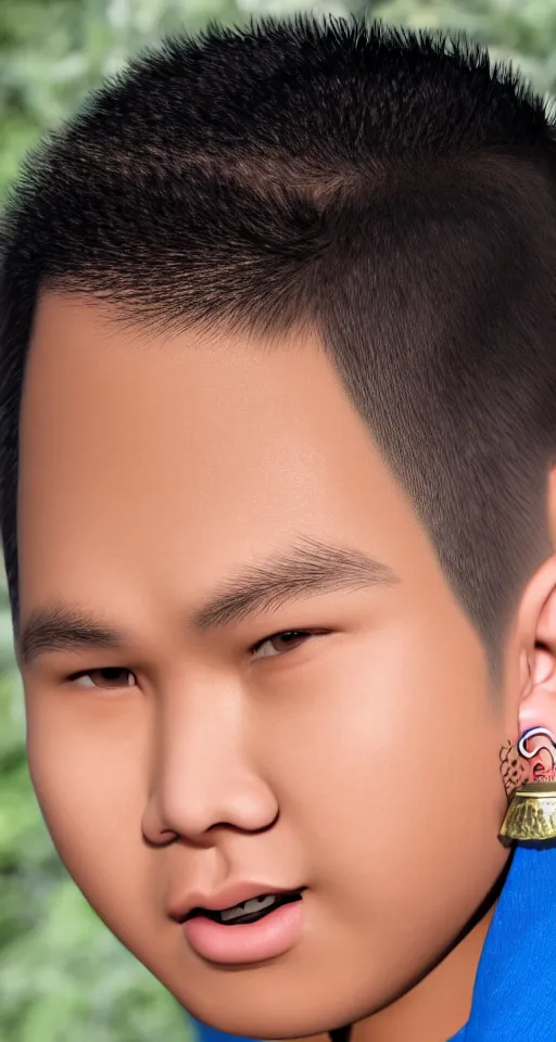 Image similar to close up of a teenage chubby filipino boy with crooked teeth, shaved sides of head, lots of curly hair on top, small studded earings, 4 k, photorealistic, high detail