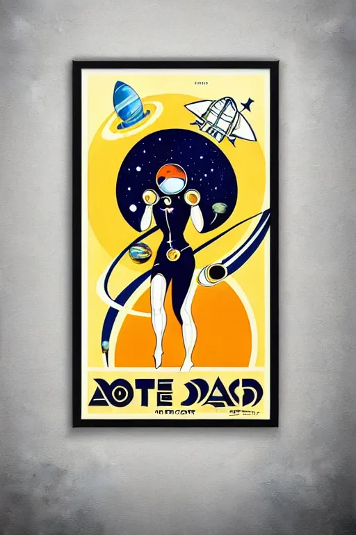 Image similar to art nouveau art deco travel poster. astronaut lady with a raygun in outer space, alien planets, framed poster