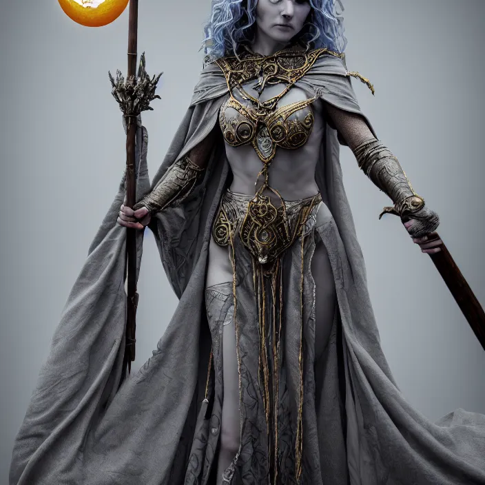 Image similar to photograph of a real-life beautiful elemental moon witch with ornate grey robes and staff. Extremely detailed. 8k