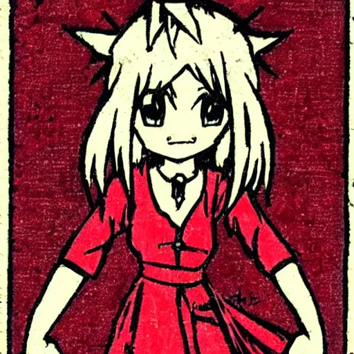 Prompt: cute red chibi demon, anime style character drawn on a vintage tarot card from 1982 with grain and halftones