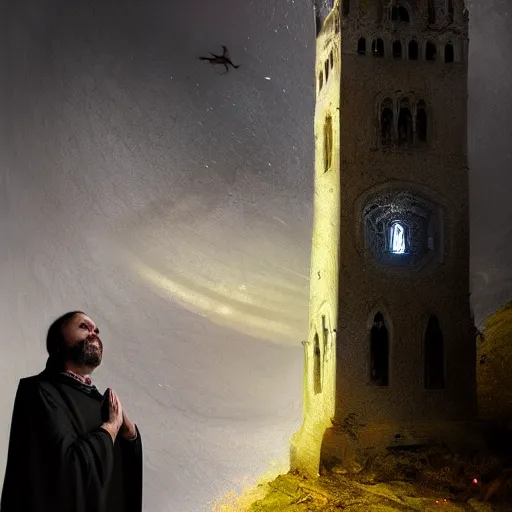 Image similar to Digital portrait of a terrified catholic priest in his thirties kneeled in fervent prayer at the top of a medieval tower. Looking up with eyes wide open with fear looking straight at the viewer. Dressed in white. An ominous yellow shadow is descending upon him from the night sky. Award-winning digital art, trending on ArtStation