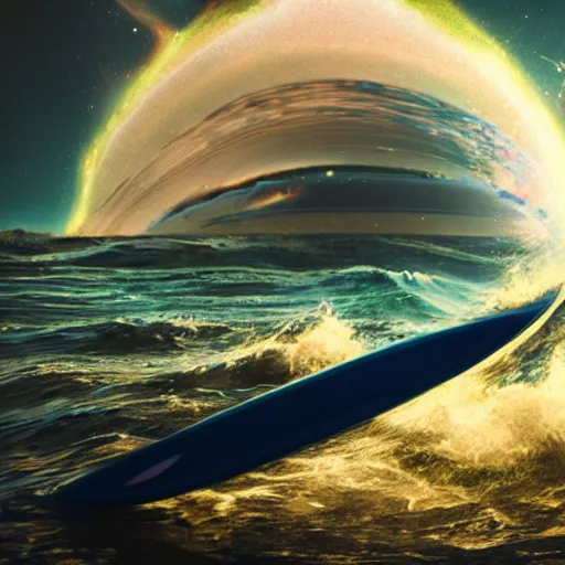 Image similar to photo of a alien surfing a surfboard on a crashing l wave of alien ocean in space, background is an alien galaxy, aliens in the background, alien colors, octane render, unreal engine, wide view, 8 k, high detaild