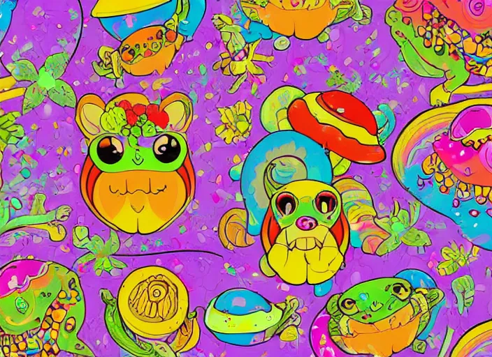 Prompt: 🌈🍄🐢🌿, lowbrow, in the style of lisa frank,