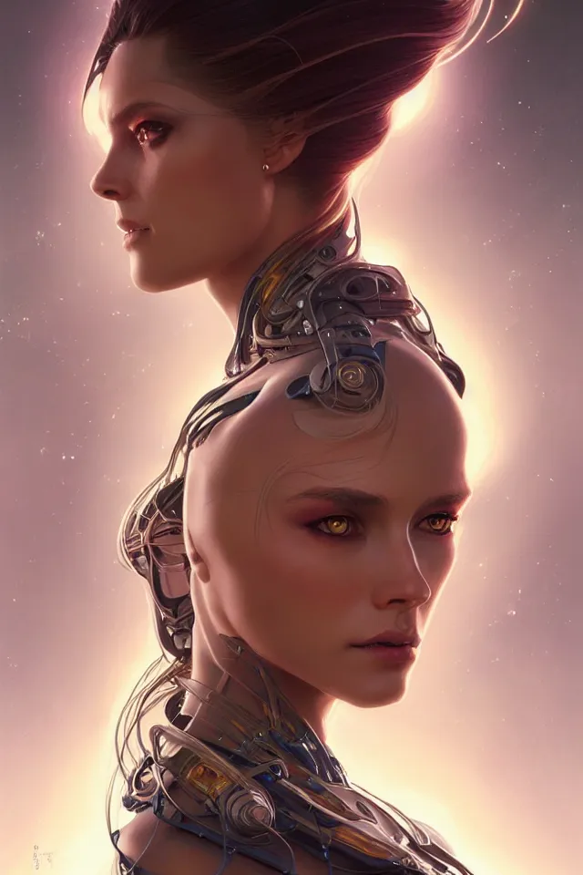 Image similar to futuristic woman portrait, sci-fi, amber eyes, face, long hair, fantasy, intricate, elegant, highly detailed, digital painting, artstation, concept art, smooth, sharp focus, illustration, art by artgerm and greg rutkowski and alphonse mucha