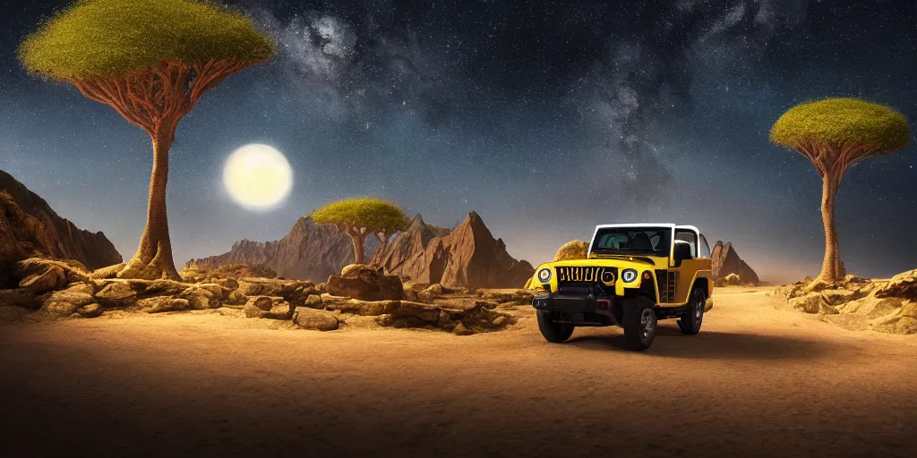 Image similar to yellow mahindra thar riding through moonlit socotra island with dragon trees, starry night, sharp focus, wide shot, trending on ArtStation, masterpiece, by Greg Rutkowski, by Ross Tran, by Fenghua Zhong, corona render, soft render, ultrarealistic, colorful, cinematic, shadow of the tomb rider