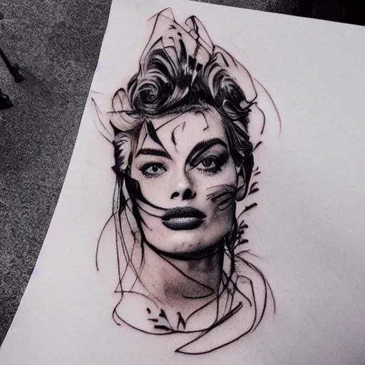Image similar to double exposure tattoo design sketch of beautiful mountain scenery as margot robbie face, in the style of matteo pasqualin, amazing detail
