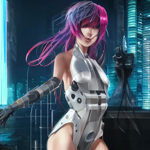 Image similar to a leggy portrait photo of a cybernetic oversize anime girl, cyberpunk concept art, digital art, highly detailed, intricate, sci-fi, sharp focus, Trending on Artstation HQ, deviantart, unreal engine 5, 4K UHD image, hyperrealistic, photorealistic, art by artgerm and greg rutkowski and alphonse mucha