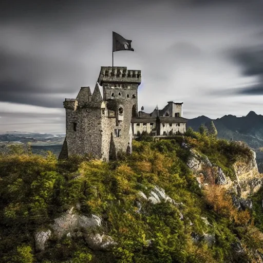 Image similar to a photo of a castle covered by nature, cinematic, very detailed, 8 k uhd, mountains in the horizon