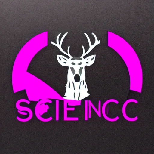 Prompt: logo for science corporation that involves deer head, symmetrical, retro pink synthwave style, retro sci fi
