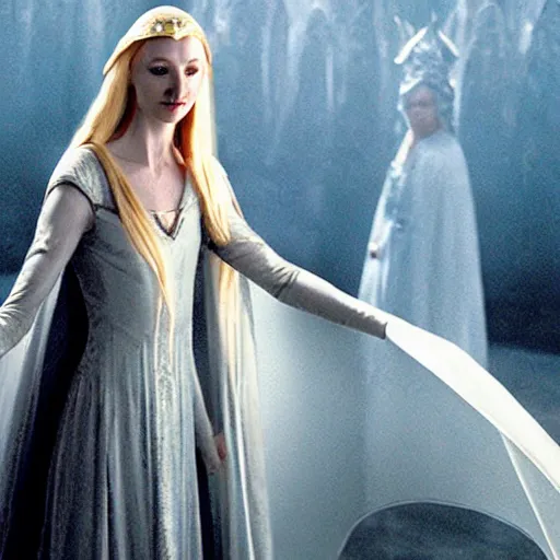 Prompt: galadriel bowing before sauron