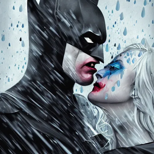 Image similar to batman kiss joker, raining, acrilic paint, digital, artstation, detailed intricate ink illustration, heavenly atmosphere, digital art, overdetailed art, concept art, complementing colors, trending on artstation, cgstudio, the most beautiful image ever created, dramatic, subtle, details, award winning artwork, beautiful scenery