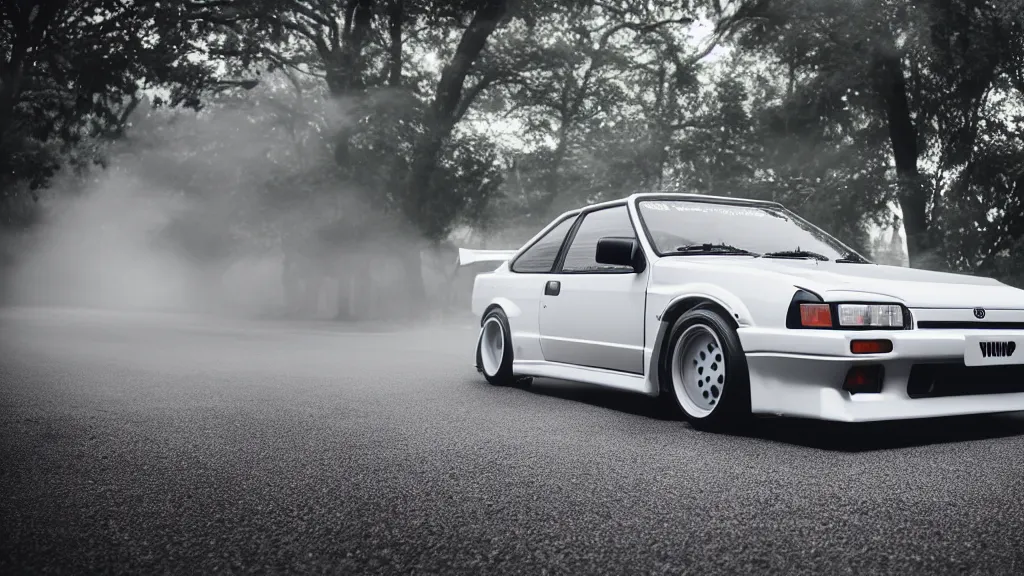 Prompt: takumi fujiwara's toyota ae 8 6 with pop - up headlights, cinematic, nikon d 7 5 0, long exposure, white balance, 8 k, led, lumen global illumination, fog, ray tracing reflections, fxaa, rtx, post - production