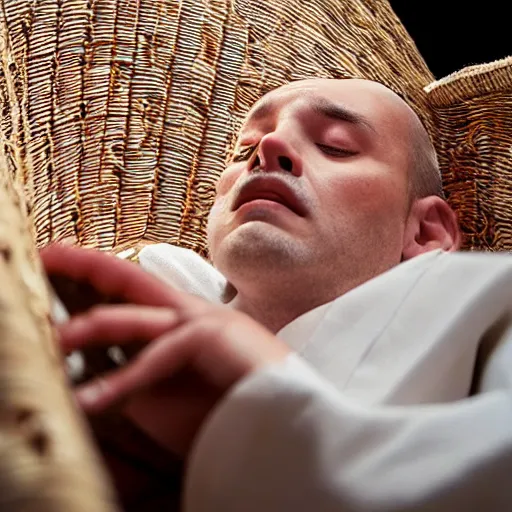 Image similar to close - up of a priest sleeping in a wicker coffin, cinematic shot, photo still from movie by ari aster