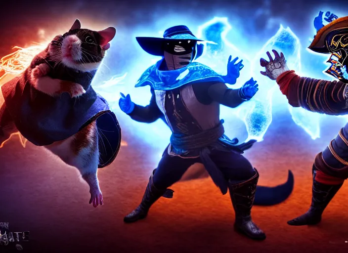 Prompt: hamster dressed as sub zero fights a cat dressed as kung lao in mortal kombat on the background of a laughing shao khan. fantasy magic style. highly detailed 8 k. intricate. lifelike. soft light. sony a 7 r iv 5 5 mm. unreal engine with nanite and path tracing