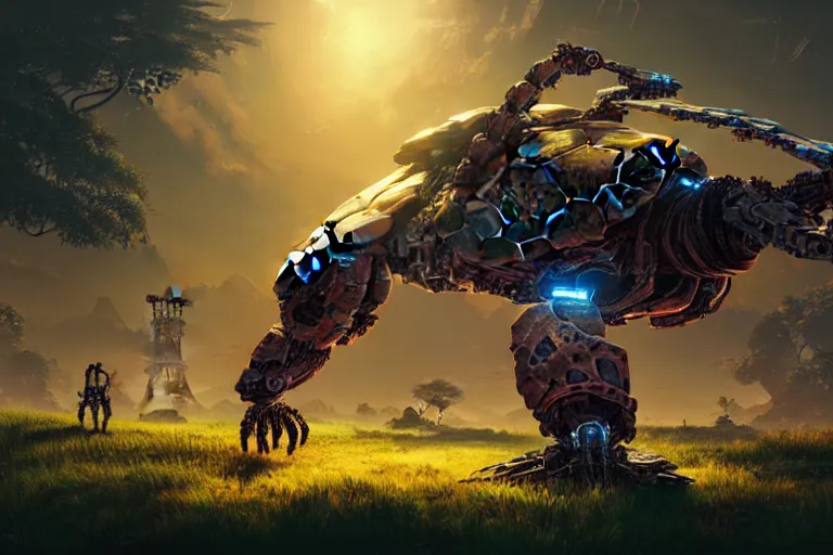 Image similar to turtle machine mecanical creature robot of horizon forbidden west horizon zero dawn radiating a glowing aura global illumination ray tracing hdr fanart arstation by ian pesty and alena aenami artworks in 4 k