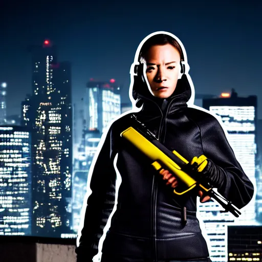 Image similar to photographic portrait of a techwear woman holding a shotgun, holding shotgun down, closeup, on the rooftop of a futuristic city at night, sigma 85mm f/1.4, 4k, depth of field, high resolution, full color, award winning photography, Kill Bill, John Wick, Die Hard, movies with guns, movie firearms