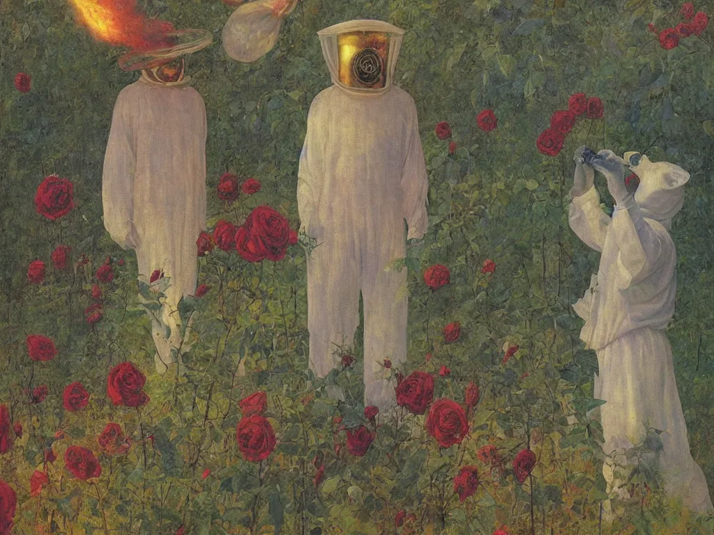 Image similar to man in white beekeeper suit with burning rose garden and small devil creatures. painting by mikalojus konstantinas ciurlionis, bosch, wayne barlowe, agnes pelton, rene magritte