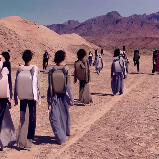 Prompt: a huge group of models wearing giant backpacks, walking in the desert, margiela campaign, giant crowd, cinematic lighting, hd vfx - 9