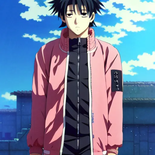 Image similar to a beautiful anime male gravure model alone, wearing oversized mayan bomber jacket and leotard with overalls, bulky poofy bomber jacket with mayan patterns, aztec street fashion, gapmoe yandere grimdark, trending on pixiv fanbox, painted by greg rutkowski makoto shinkai takashi takeuchi studio ghibli, akihiko yoshida